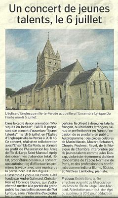 Article de presse : Un concert de jeunes talents le 6 juillet (La Manche Libre, 7 juillet 2010)