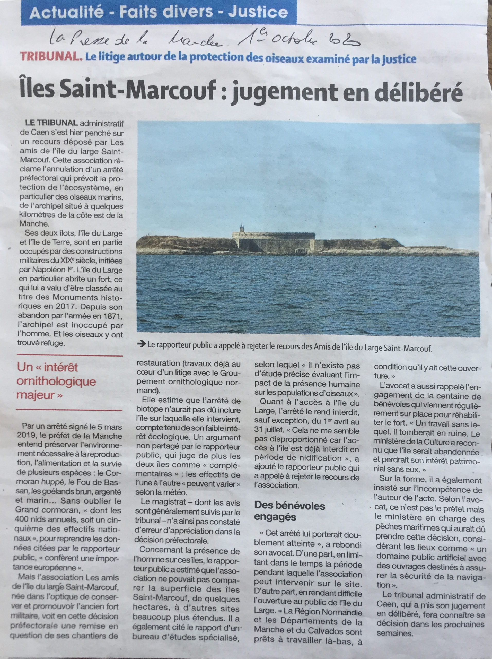 Ile Saint-Macouf : jugement en délibére : article de presse La presse de la Manche du 01/10/2020