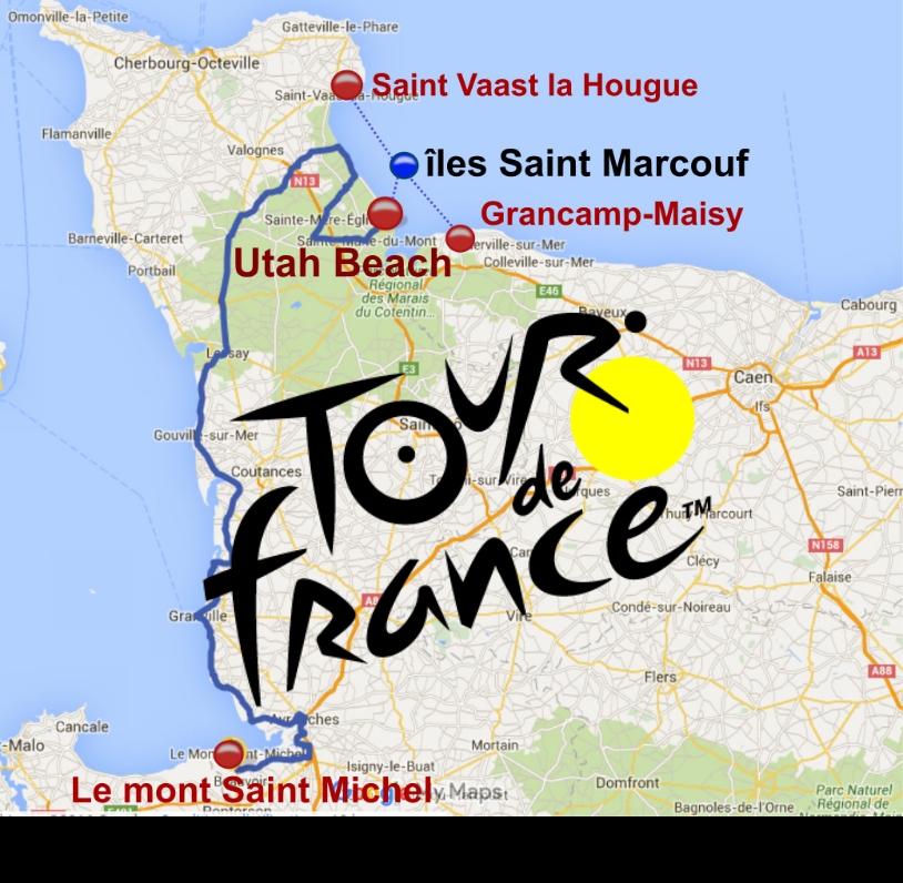 Infographie carte du tour de france 2016 en Normandie près des îles Saint-Marcouf et d'Uath Beach
