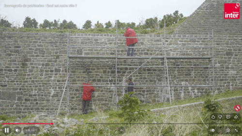 Des bénévoles de l'association en train de reprendre les joints d'un mur de rempart intérieur sur l'île du Large Saint Marcouf