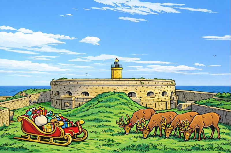 Des rennes et un traîneau sur l'île du large, face au fort, dans une image de dessin animé (générée par IA)
