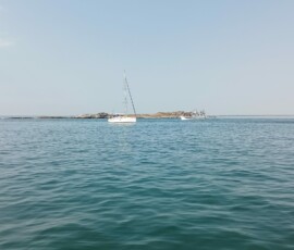 14 aout 2026 : Le Flipper II en excursion et un voilier au mouillage devant l'ile du Large